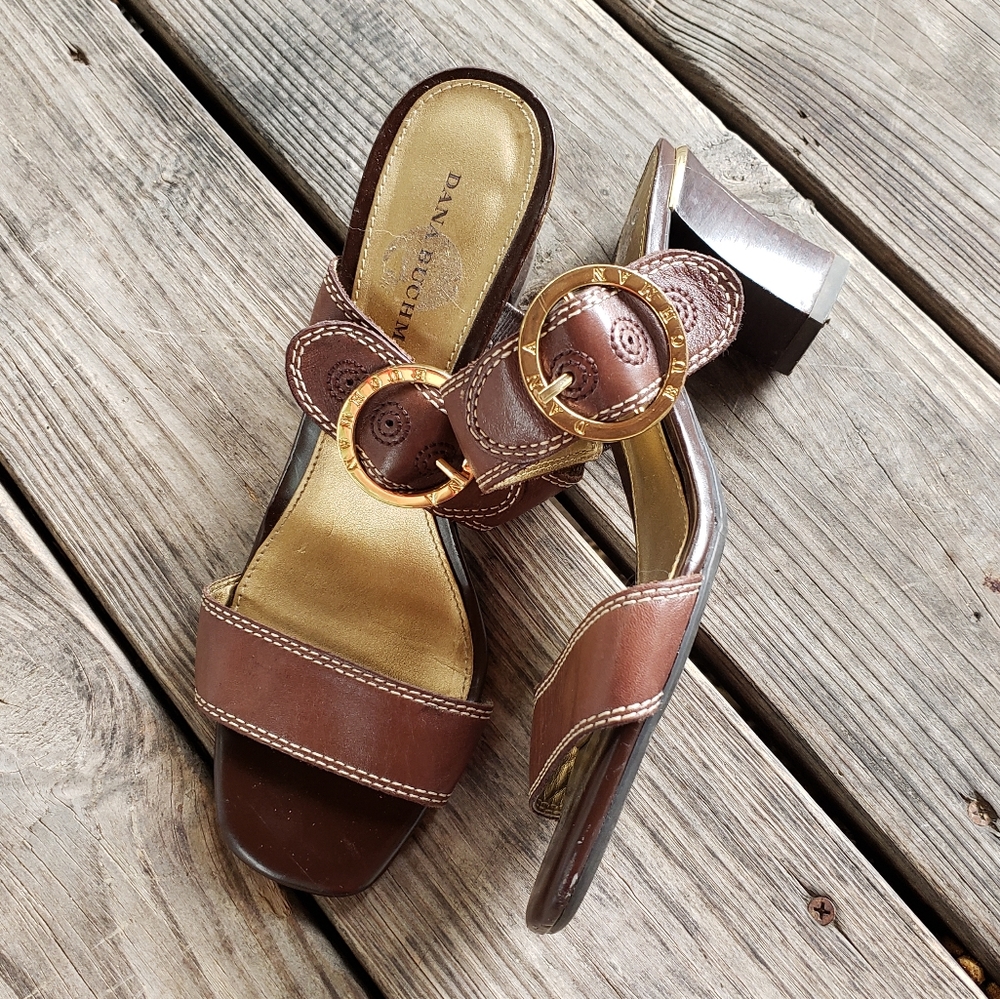 DANA BUCHMAN EVIA Brown Double Strap Leather Block Heel Open Toe Sandals Sz 8.5